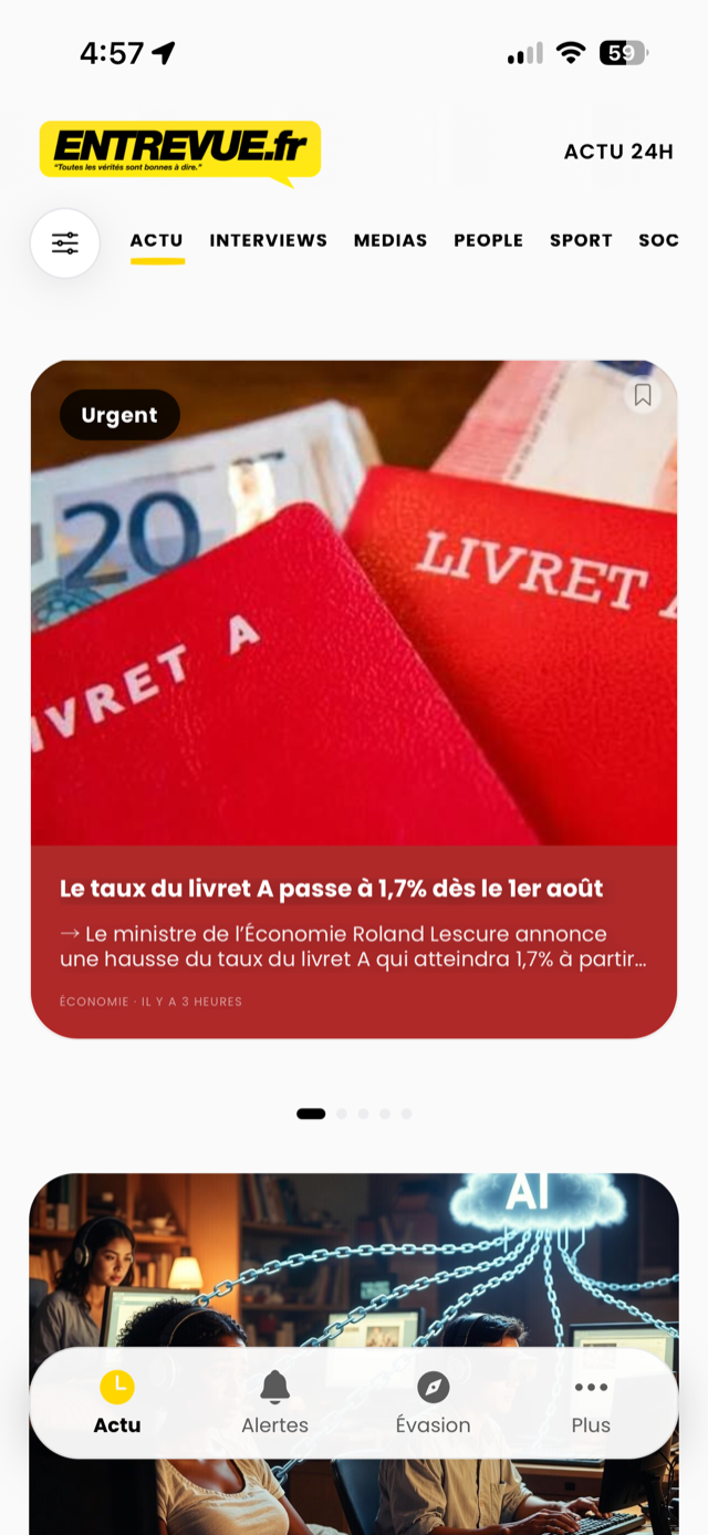 Écran Actu de l’application Entrevue : le récit à la une
