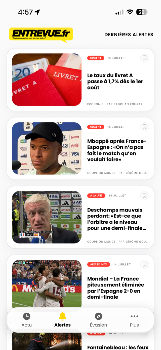 Écran Alertes de l’application Entrevue : les dernières alertes info