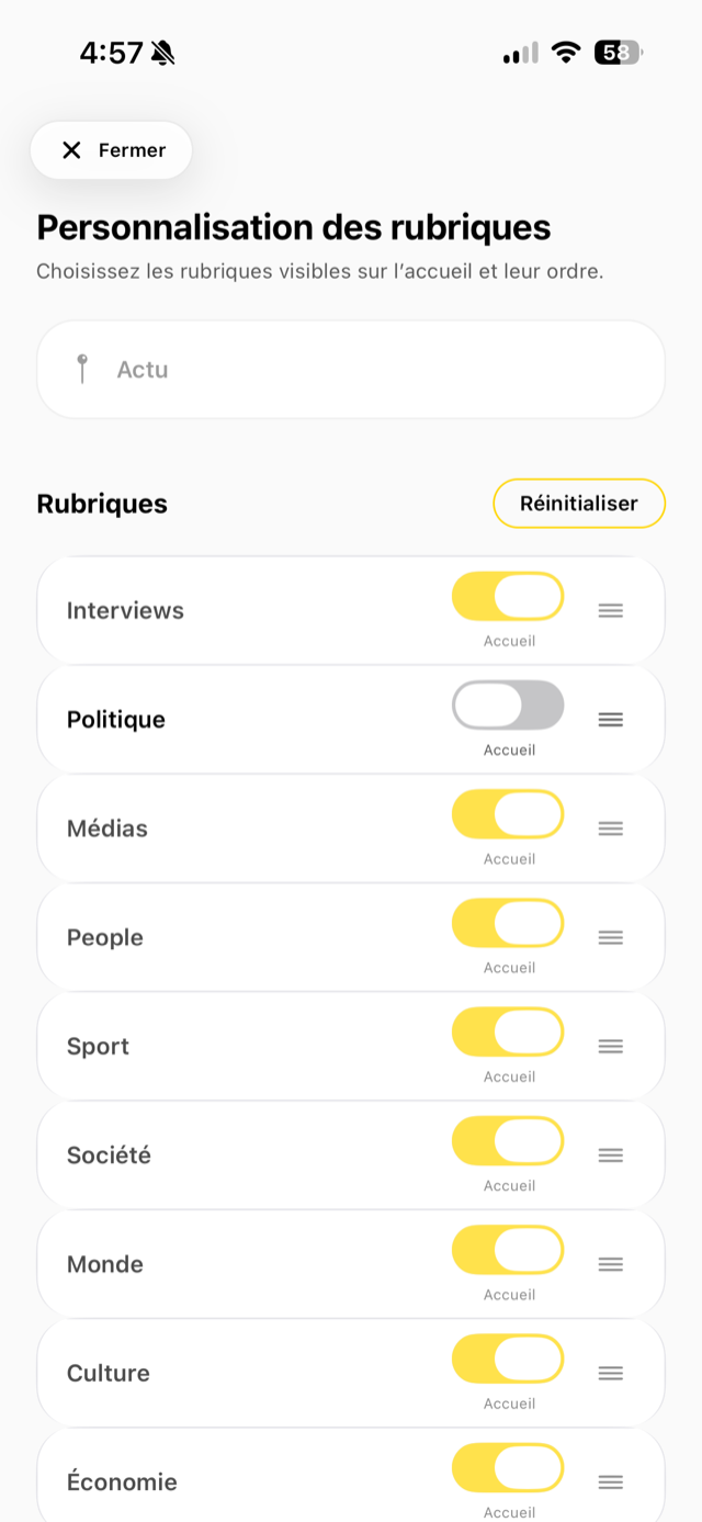 Écran de personnalisation des rubriques de l’application Entrevue
