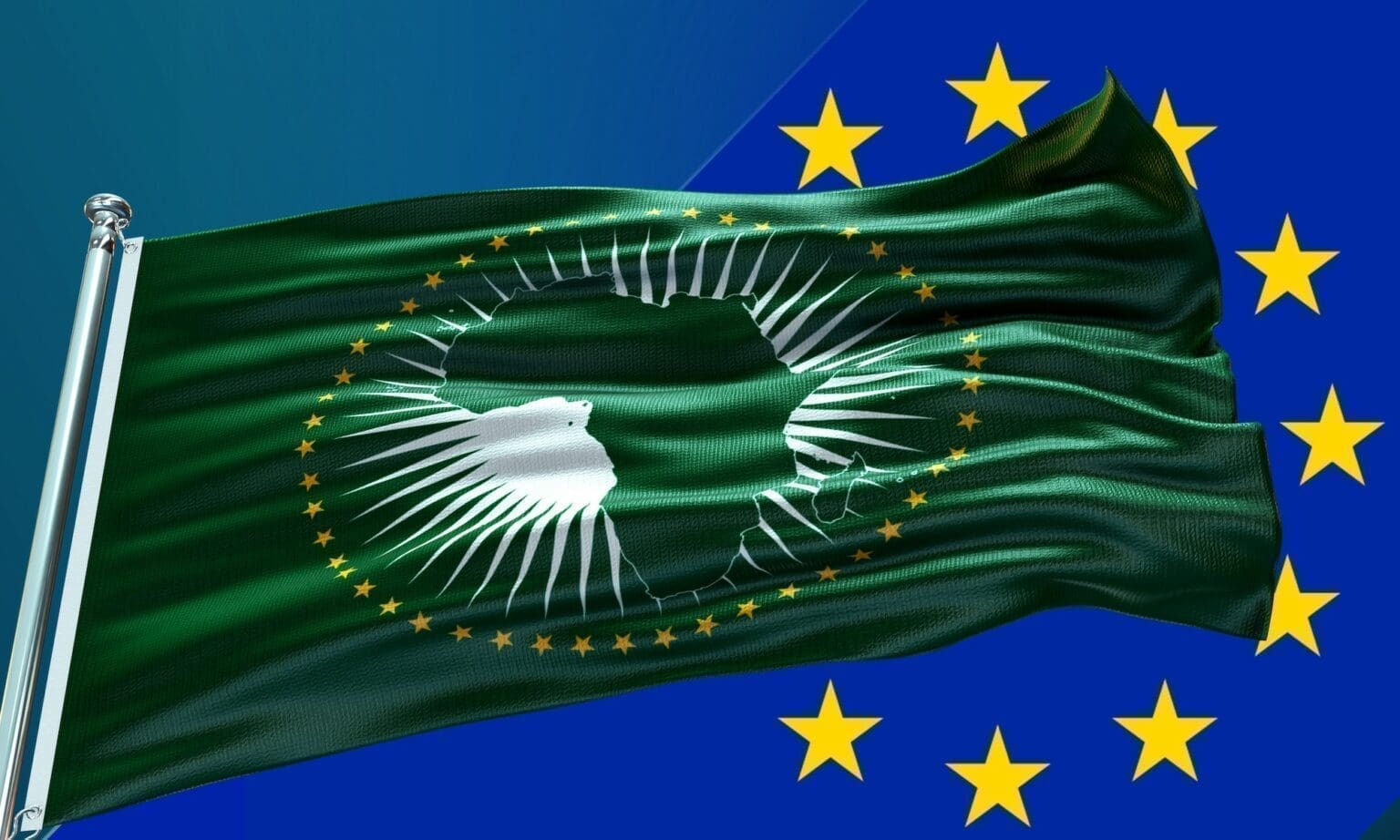 African,Union,Flag,With,Flat,European,Union,Flag,And,Large