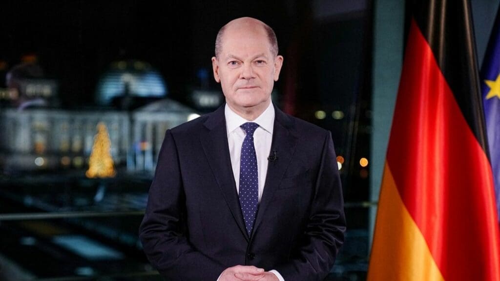 German Chancellor Olaf Scholz records his annual New Year&rsquo;s address at the chancellery in Berlin