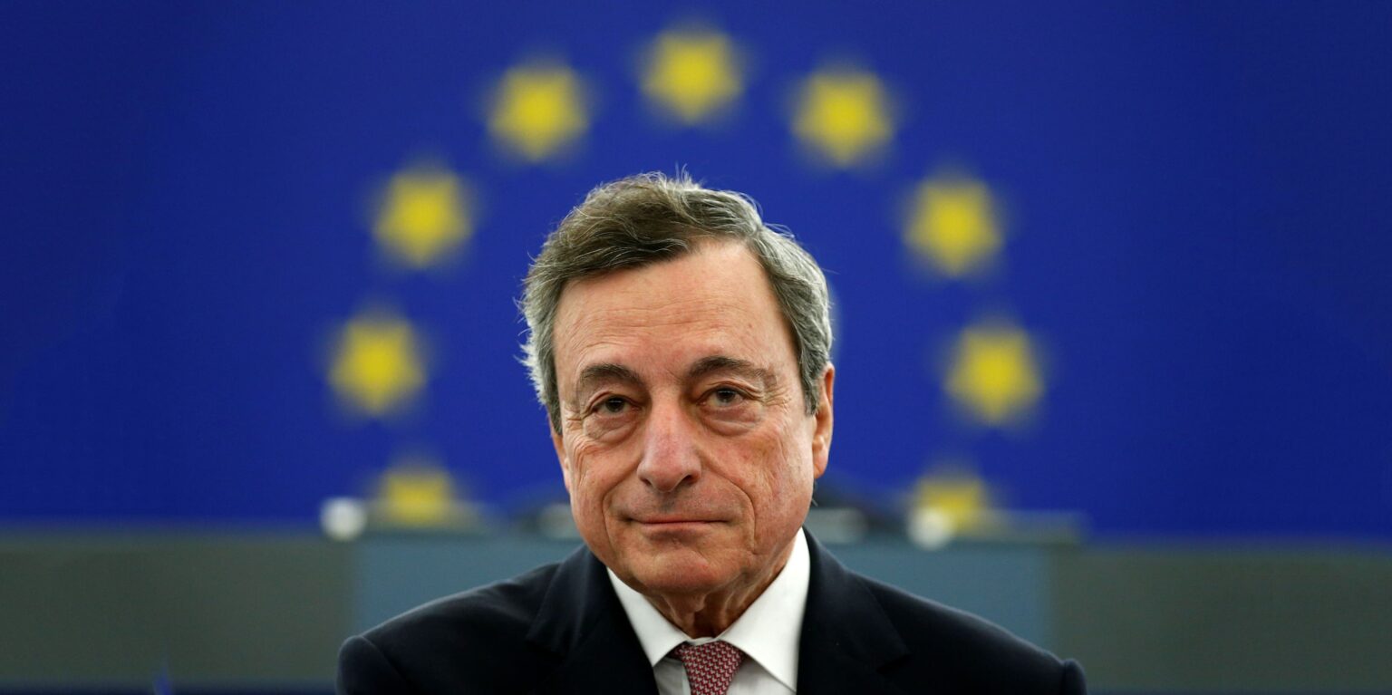 ECB President Draghi delivers a speech during a ceremony to mark the 20th anniversary of the launch of the Euro, at the European Parliament in Strasbourg