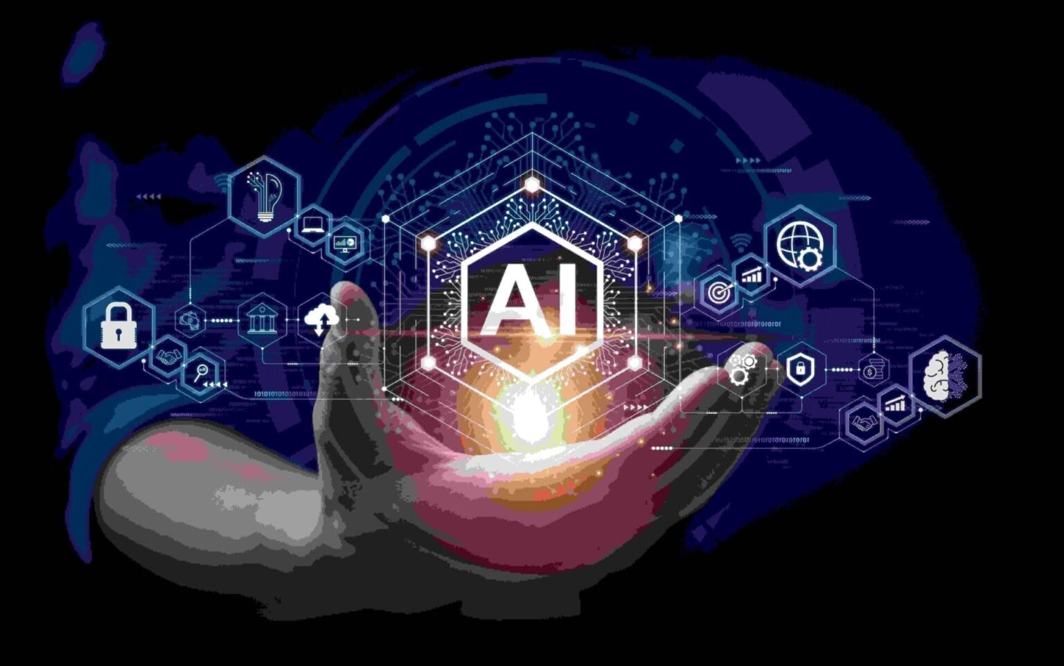 Businessman touching the brain working of Artificial Intelligence (AI) Automation, Predictive analytics, Customer service AI-powered chatbot, analyze customer data, business and technology