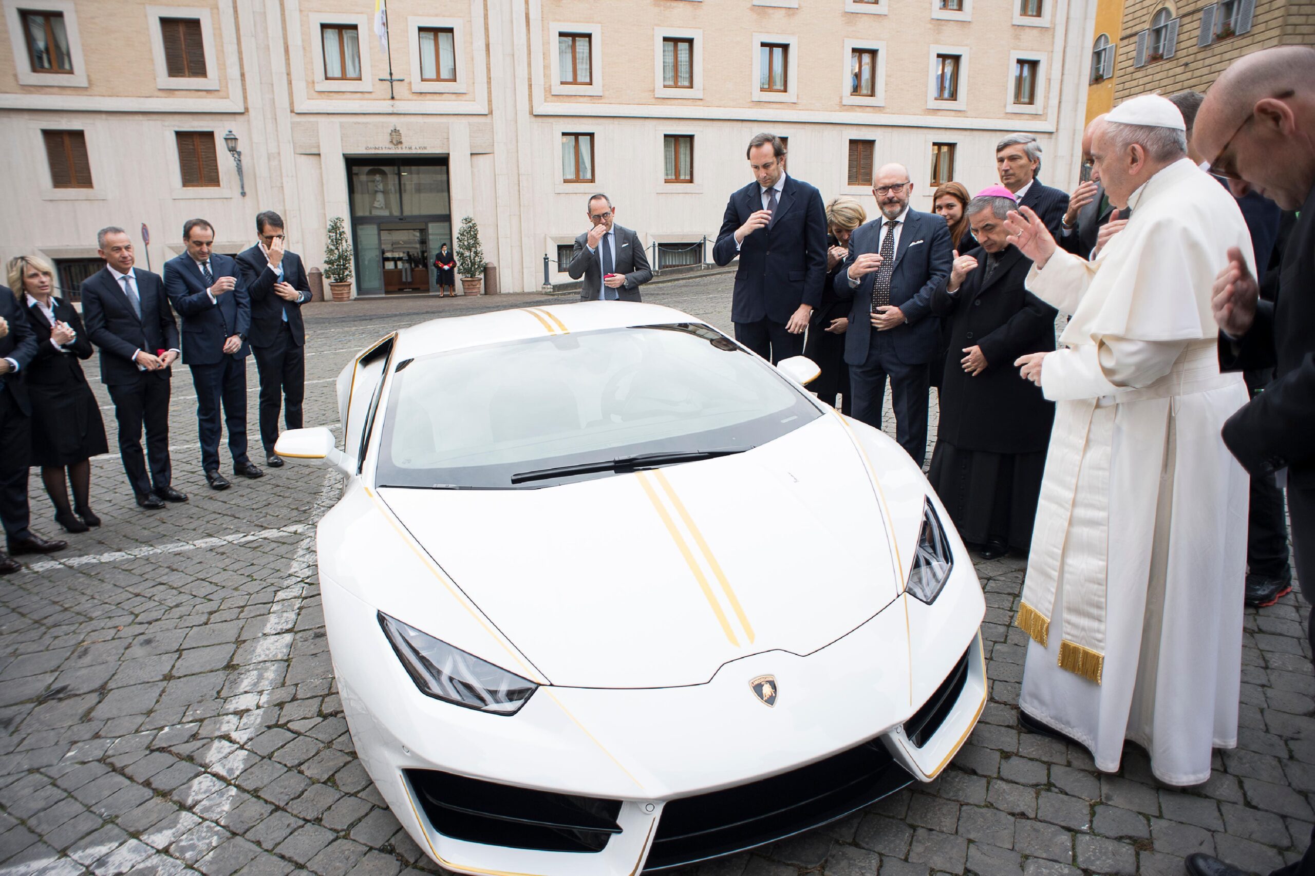 Pope Francis Blesses A Lamborghini Donated To Him By The Luxury Sports Car Maker, At The Vatican, Wednesday, Nov. 15, 2017. The Car Will Be Auctioned Off By Sotheby'S, With The Proceeds Going To Charities Including One Aimed At Helping Rebuild Christian Communities In Iraq That Were Devastated By The Islamic State Group. (L'Osservatore Romano/Pool Photo Via Ap) L'Osservatore Romano/Pool Photo Via Ap
