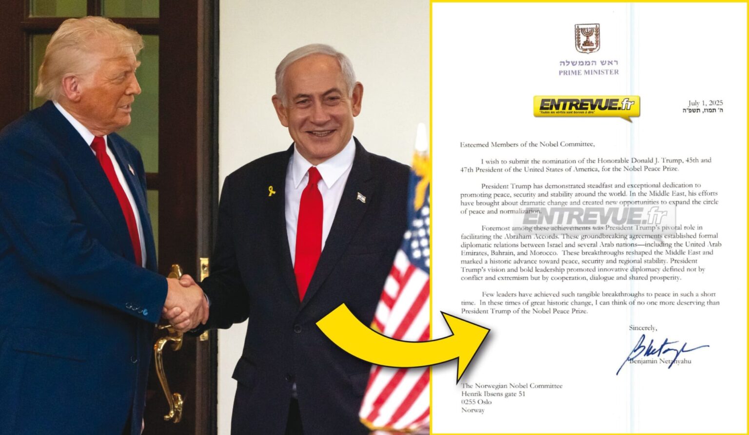Document Entrevue - Benjamin Netanyahou propose que Donald Trump reçoive le prix Nobel de la Paix. Découvrez sa lettre en intégralité