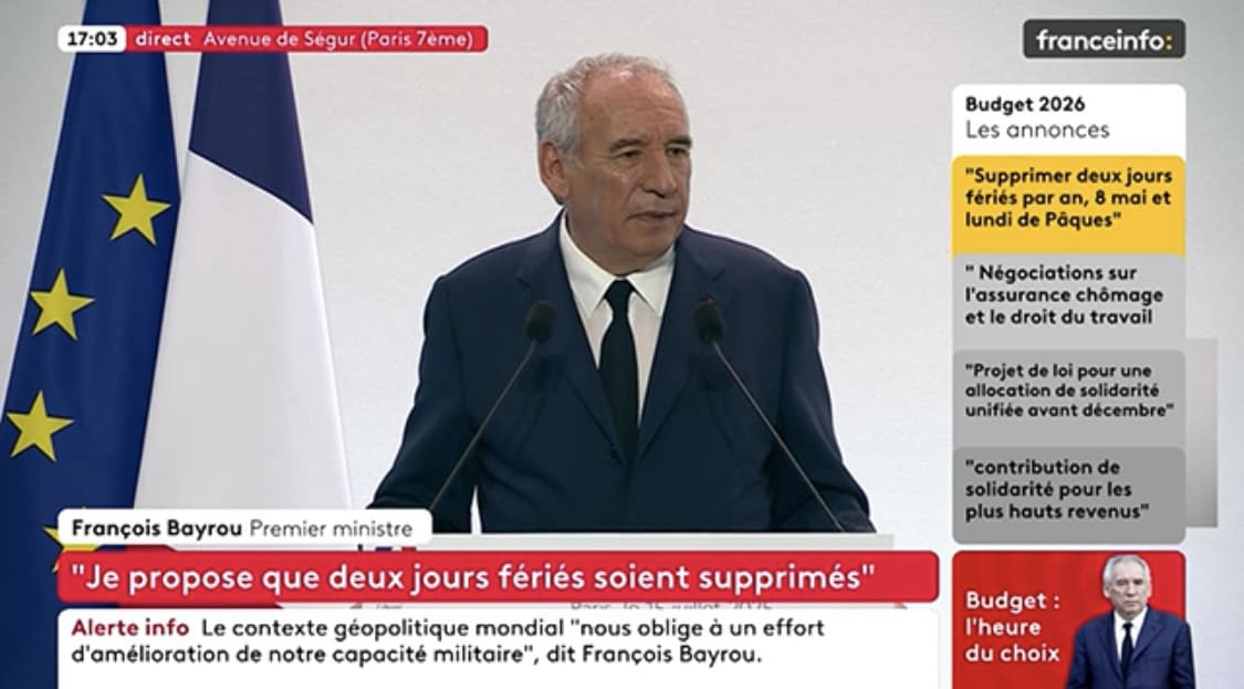 François Bayrou dévoile le plan pour réduire la dette: «Nous pouvons supprimer deux jours fériés en France comme le lundi de Pâques et le 8 mai&nbsp;»