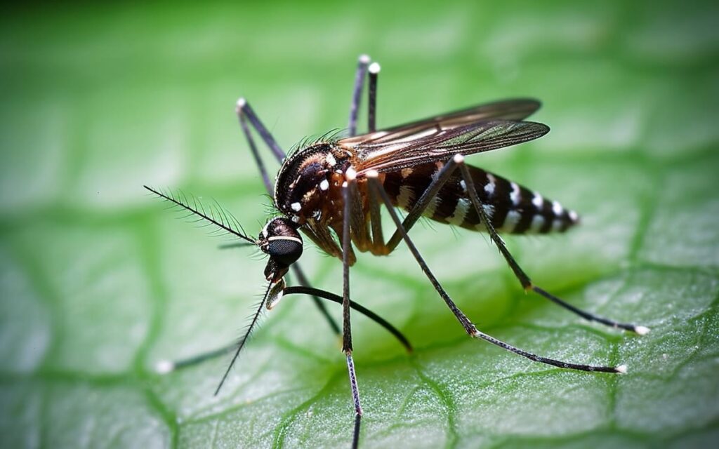 A tiger mosquito bites the skin of a person, macro. Ai generated.