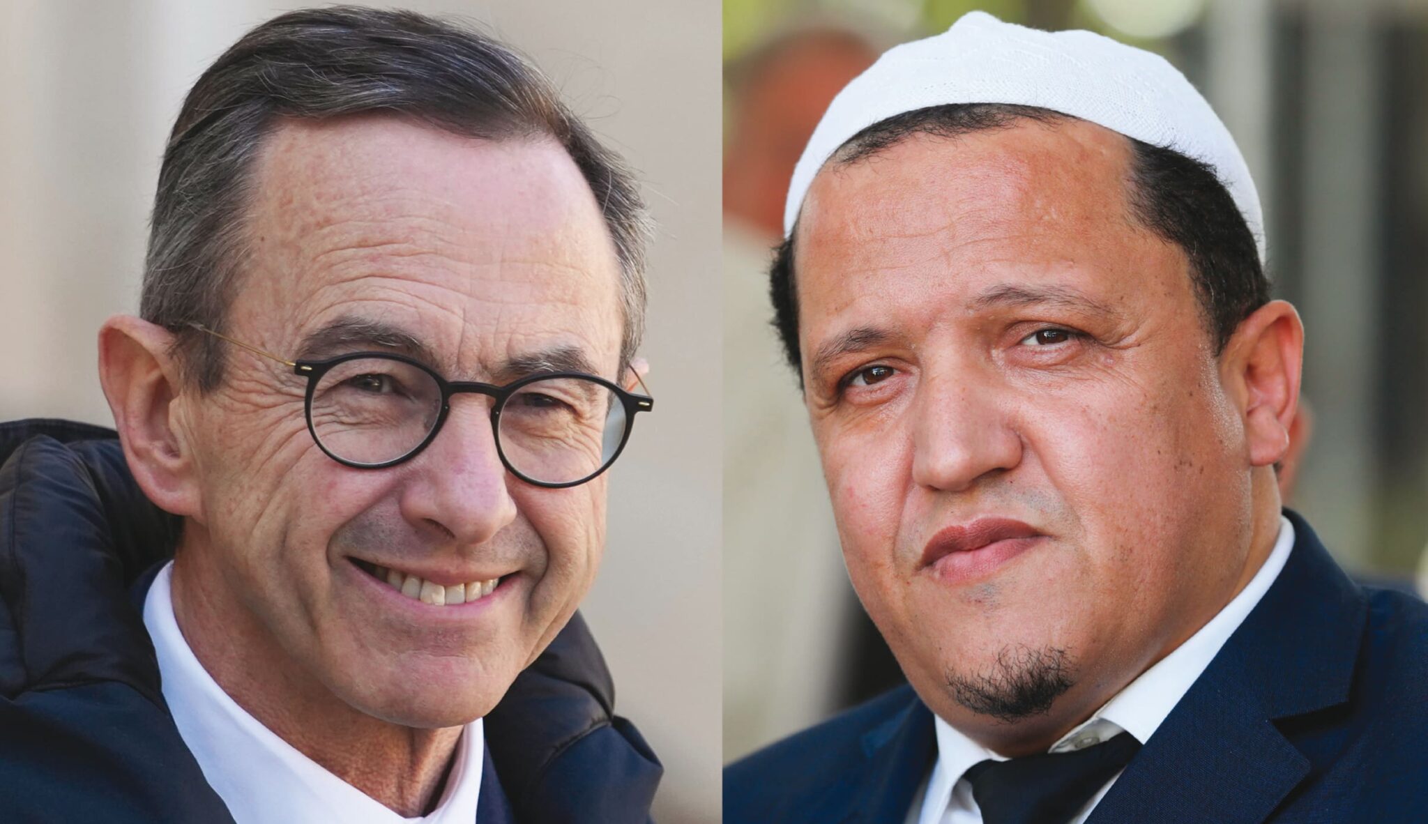 Bruno Retailleau annonce la dissolution de l’Institut Européen des Sciences Humaines. L’imam Chalghoumi salue une action décisive contre l’entrisme islamiste en France. (AP/Thibault Camus, Ludovic Marin)