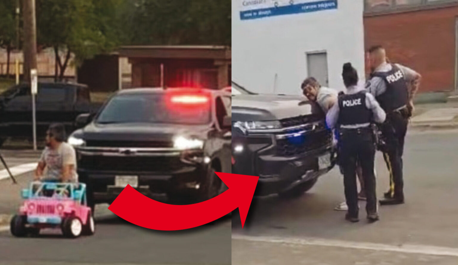 Insolite - Un homme conduisant une mini-voiture de Barbie arrêté par la police au Canada . (Andrea Stirgard/Summer Caron)