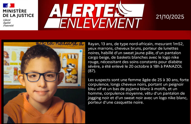 Une alerte enlèvement a été déclenchée. Rayan, 13 ans, a été enlevé hier à 18h à Panazol (87)