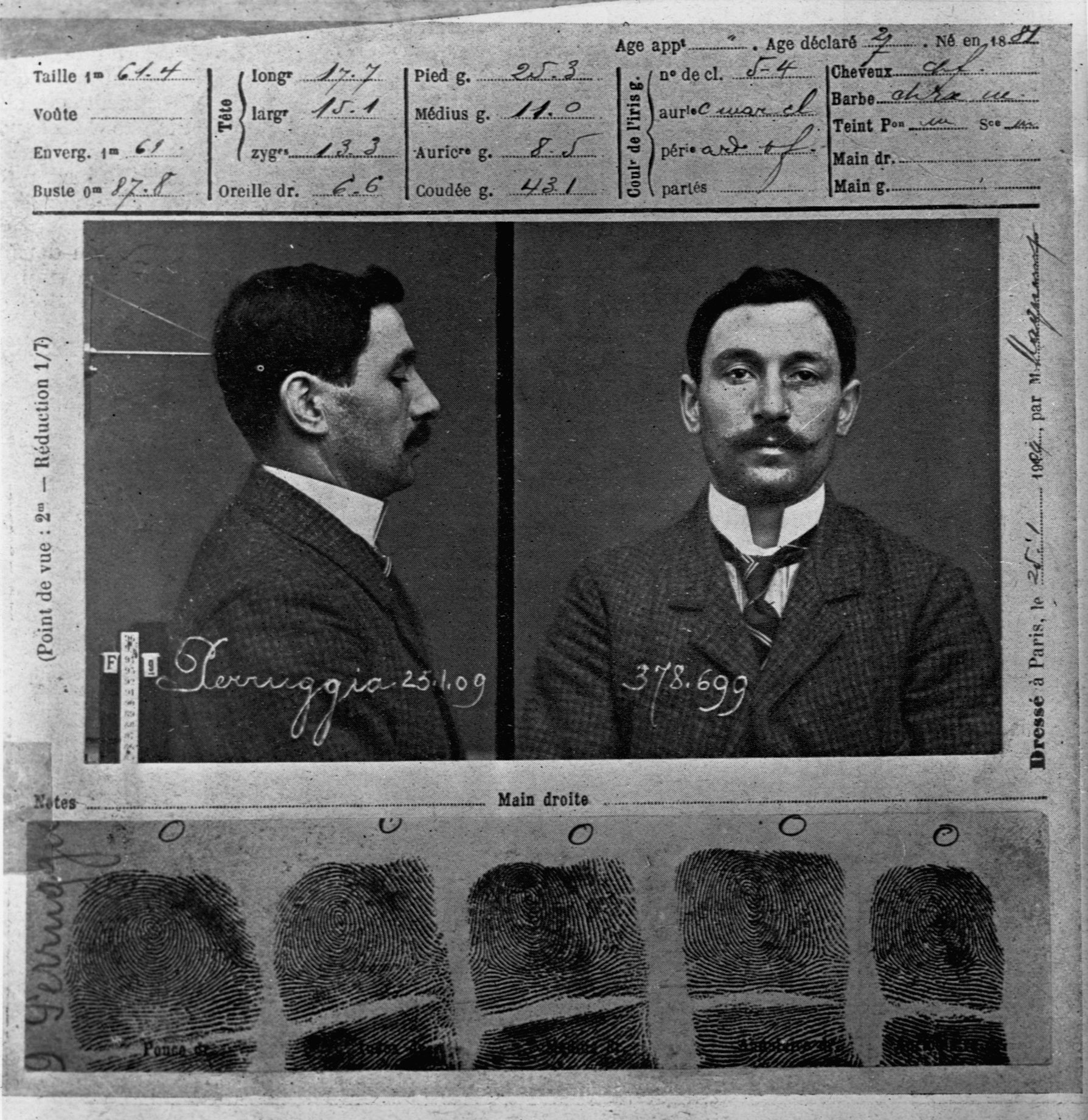 Mug Shot Of Vincenzo Perugia, The Italian Man Who Stole The Mona Lisa Out Of The Louvre Museum In Paris. Perugia Claimed He Completed The Act Out Of Patriotism, Insisting The Painting Belonged In Leonardo Da Vinci'S Home Country, Italy, And Not France.