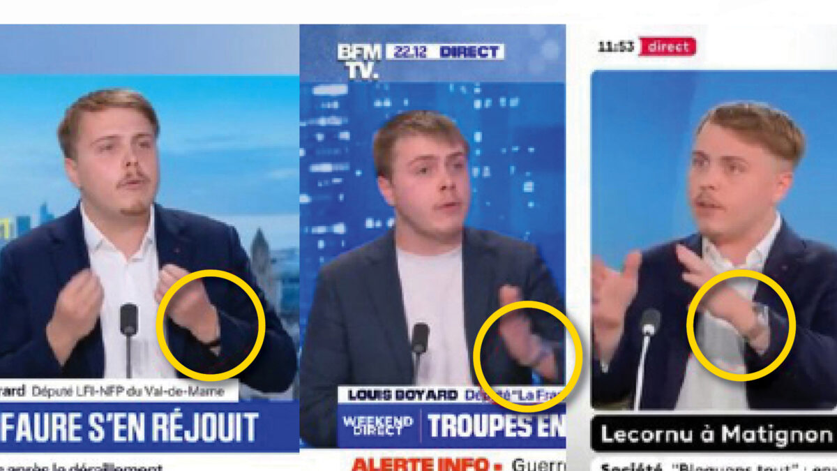 La drôle d'excuse de Louis Boyard, qui prétend retirer sa montre pour qu'elle ne cogne pas une table, alors qu'il apparaît à la télé avec des montres et qu'il répondait à une interview debout. (DR)