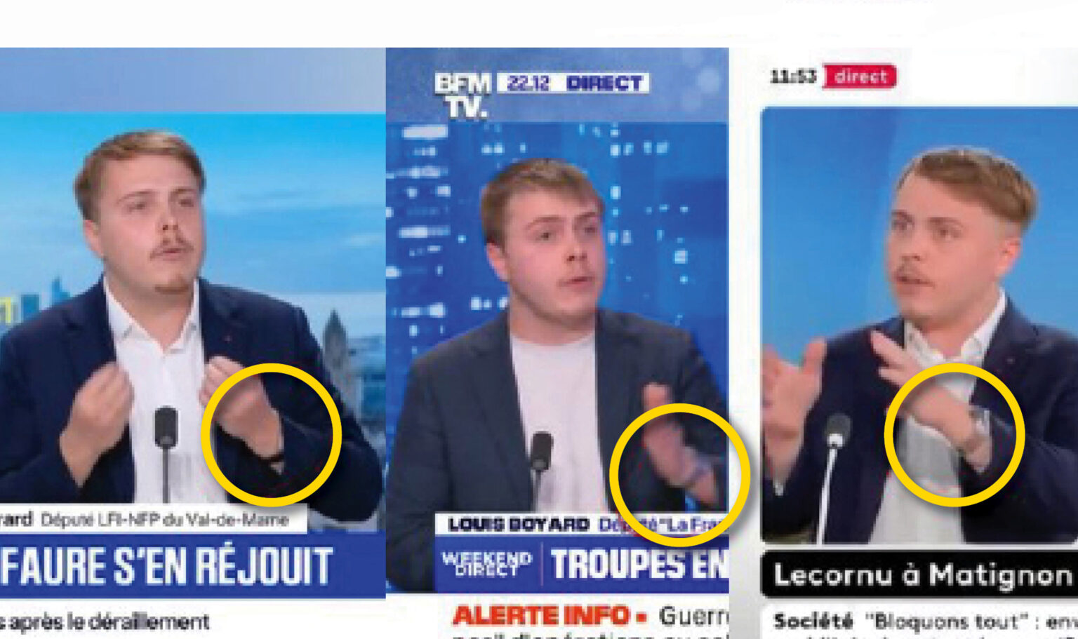 La drôle d'excuse de Louis Boyard, qui prétend retirer sa montre pour qu'elle ne cogne pas une table, alors qu'il apparaît à la télé avec des montres et qu'il répondait à une interview debout. (DR)