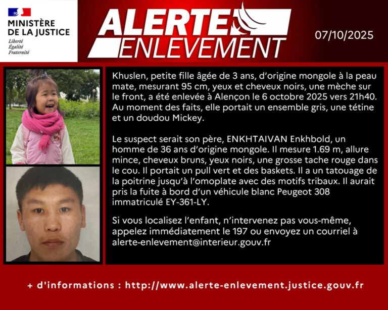 Alerte Enlèvement : Khuslen, fillette de 3 ans disparue à Alençon
