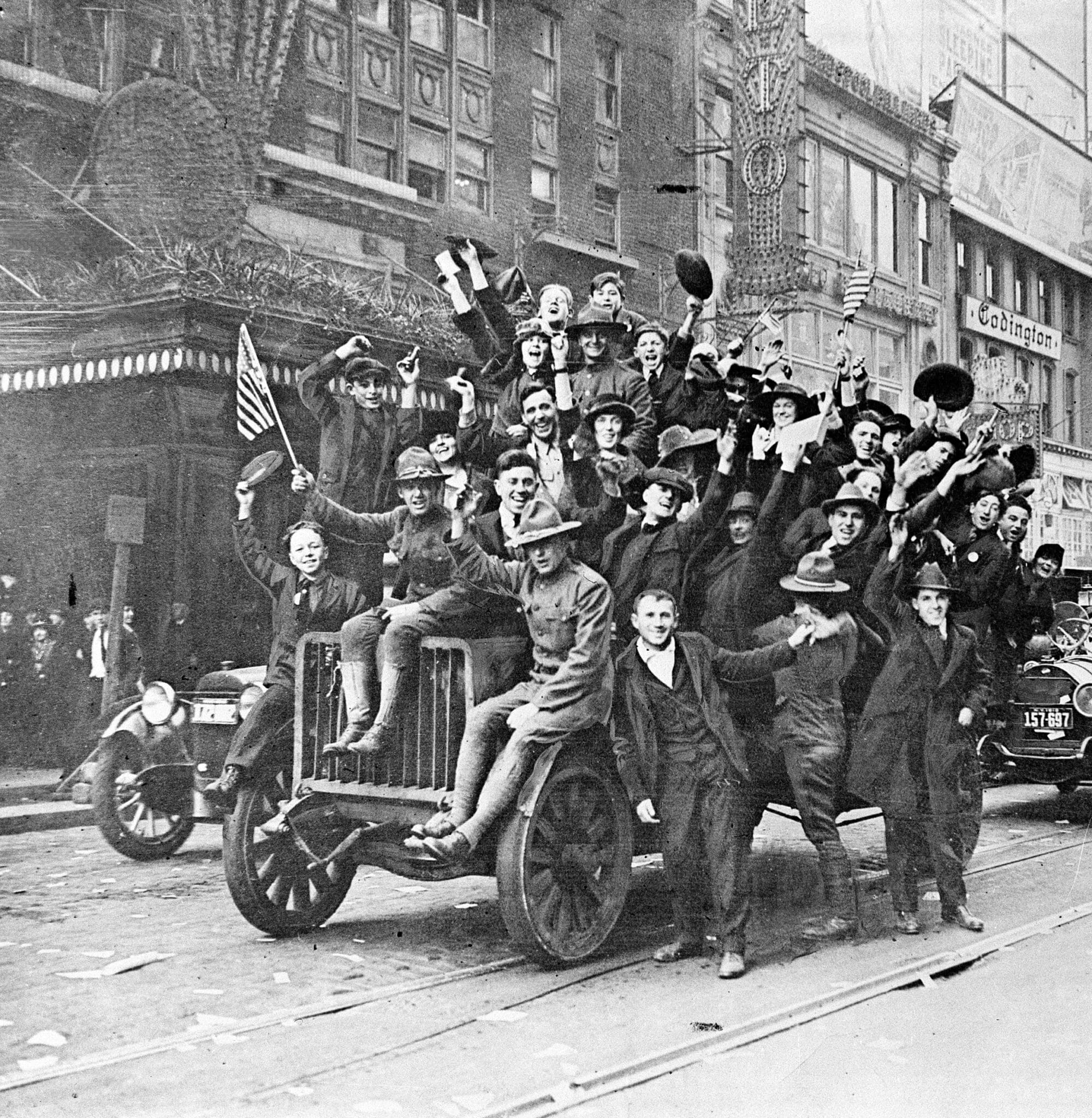 A Truckful Of Jubilant Celebrants Cheer Along Broadway Near Times Square In New York City As News Of The Armistice Spreads On Nov. 11, 1918. (Ap Photo) Ap Photo