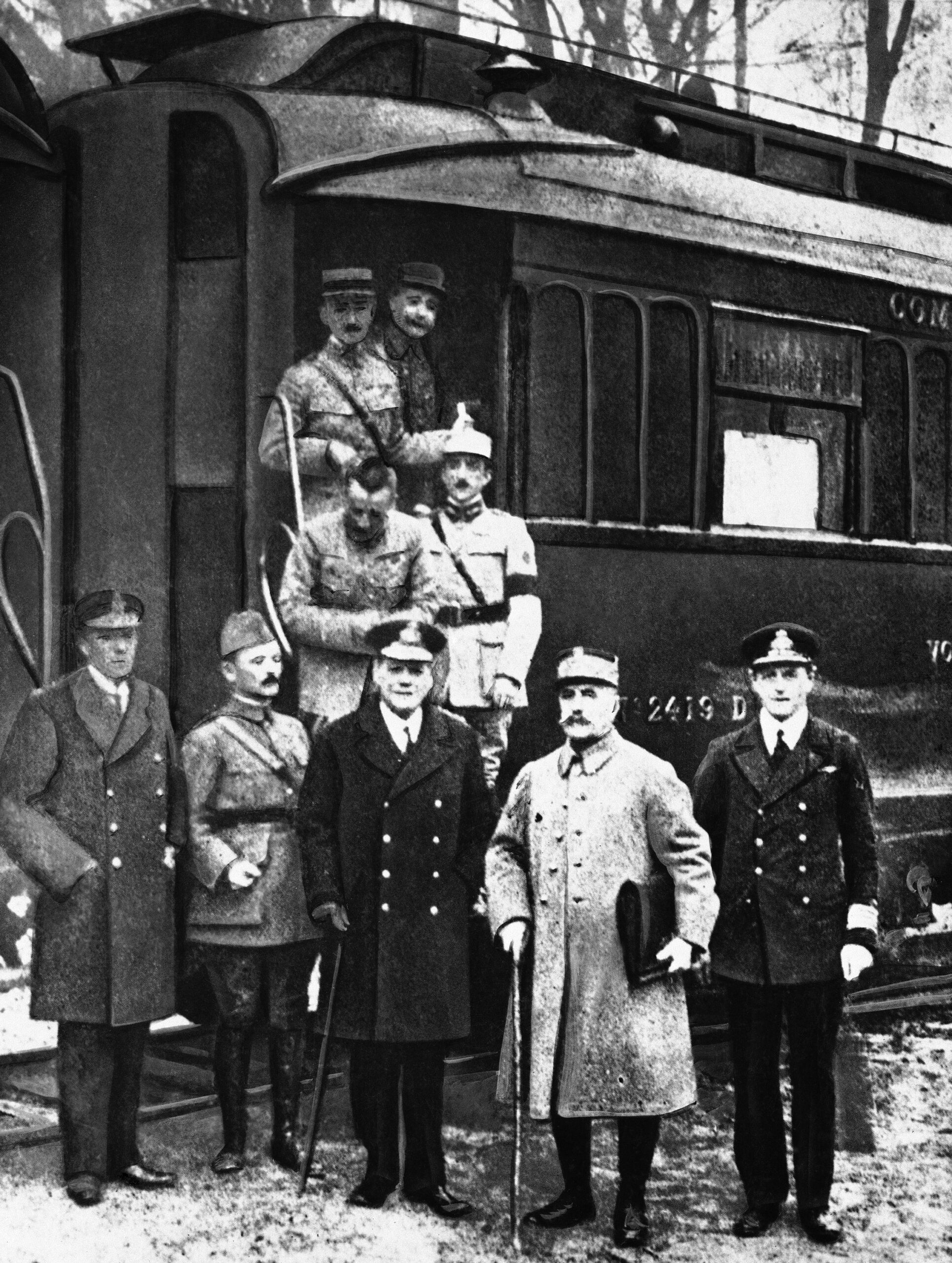 This Picture, Made At The Close Of World War I, Shows Allied Officials Dismounting From The Railway Car Where They Dictated The Terms Of The Armistice, Nov. 11, 1918. Gen. Maxime Weygand Is Second From Left, Marshal Foch Fourth From Left. In This Same Car In Compiegne Forest, Adolf Hitler Handed France His Armistice Terms On June 21, 1940. (Ap Photo) Ap Photo