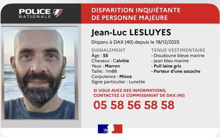 Disparition inquiétante à Dax : : les forces de l’ordre mobilisées pour retrouver Jean-Luc Lesluyes, introuvable depuis jeudi 18 décembre