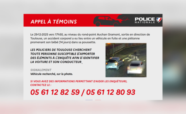 Toulouse : une mère de famille et son nourrisson percutés sur un passage piéton, chauffard en fuite, un appel à témoins lancé