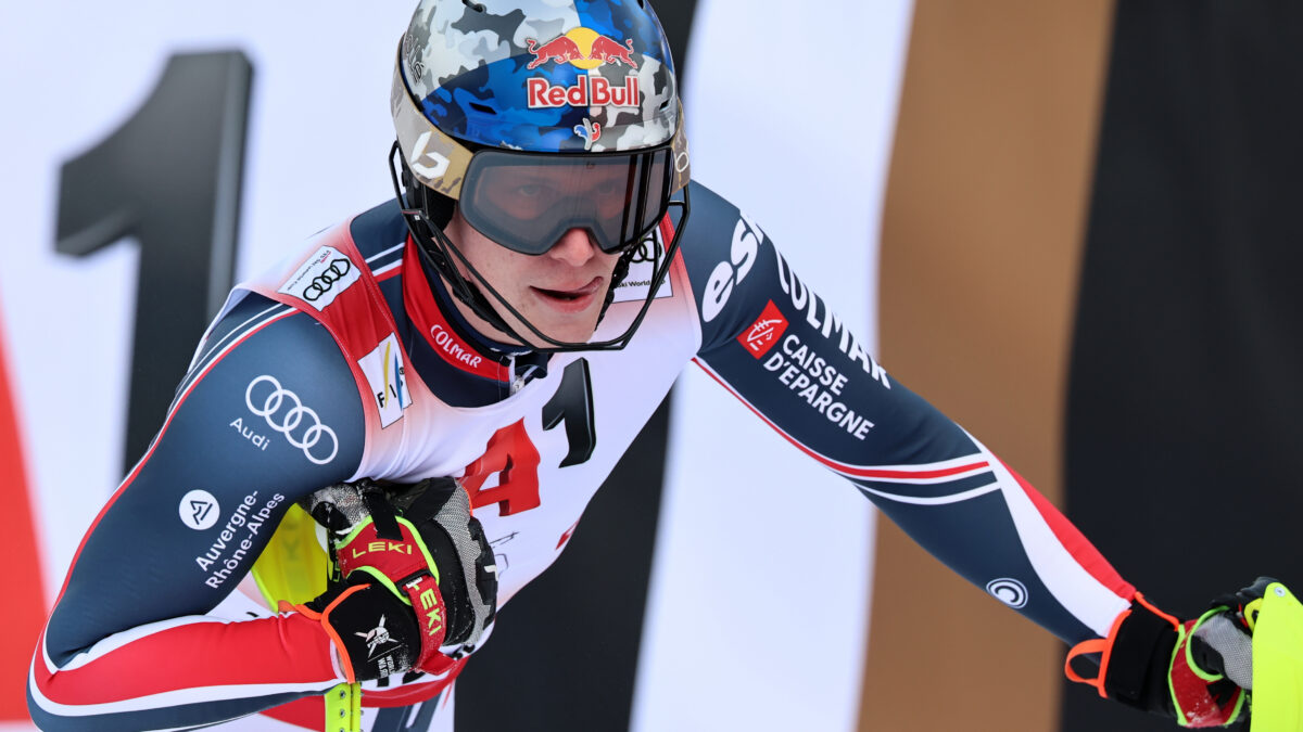 Clément Noël sur la ligne d’arrivée lors du slalom masculin de la Coupe du monde de ski alpin à Kitzbühel, en Autriche, le 25 janvier dernier