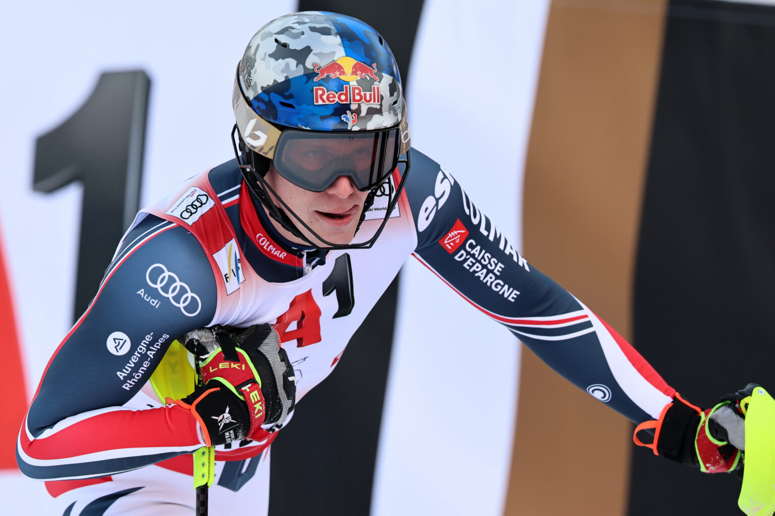 Clément Noël sur la ligne d’arrivée lors du slalom masculin de la Coupe du monde de ski alpin à Kitzbühel, en Autriche, le 25 janvier dernier