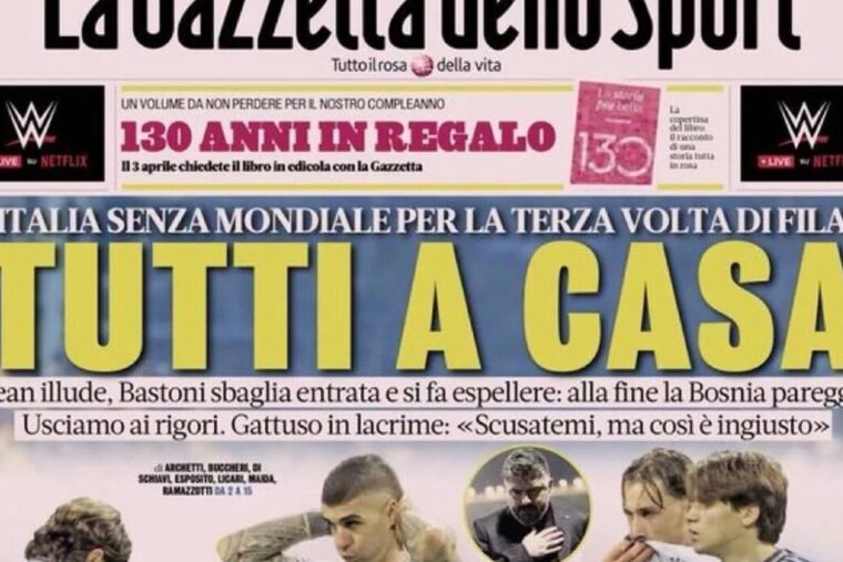 — Italie : la presse italienne accable la Nazionale après sa non-qualification pour la Coupe du monde