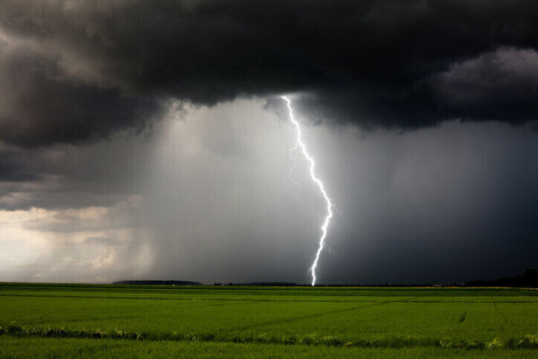 Lightning and heavy rain from a strong thunderstorm during the day.