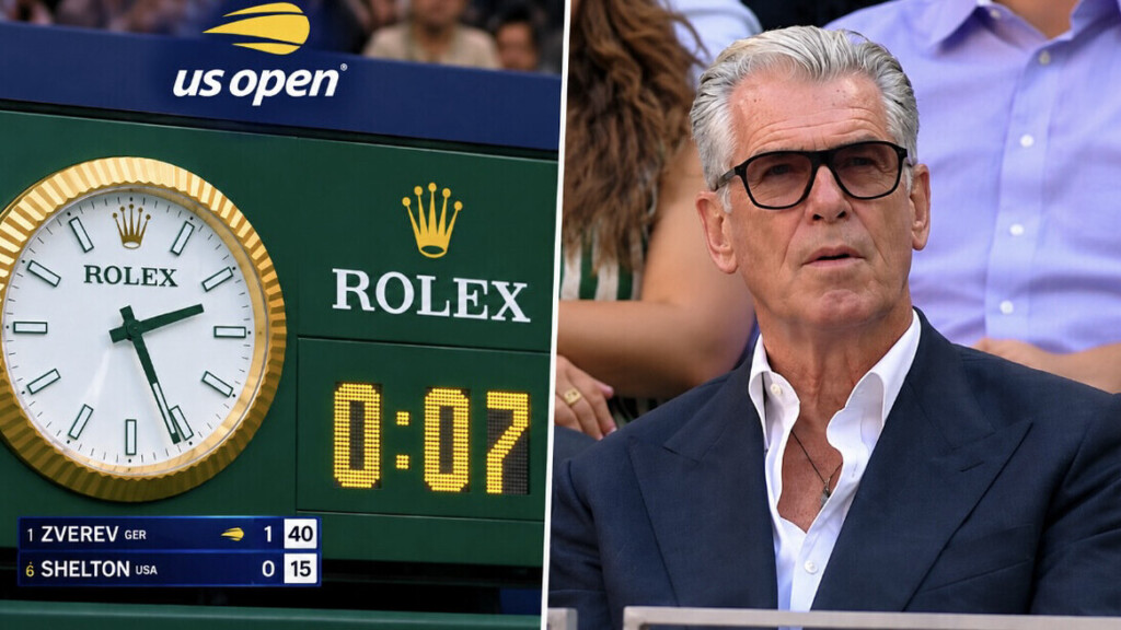 US Open - À 0:07, la caméra se tourne vers Pierce Brosnan et transforme la finale en clin d’œil à James Bond