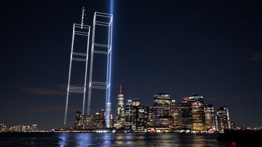 11-Septembre : 2 977 drones font renaître les tours jumelles dans le ciel de New York, une lumière pour chaque victime