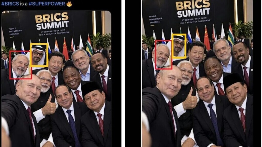 Un faux selfie de Poutine avec les dirigeants des BRICS, généré par IA, diffusé par l’ambassade russe