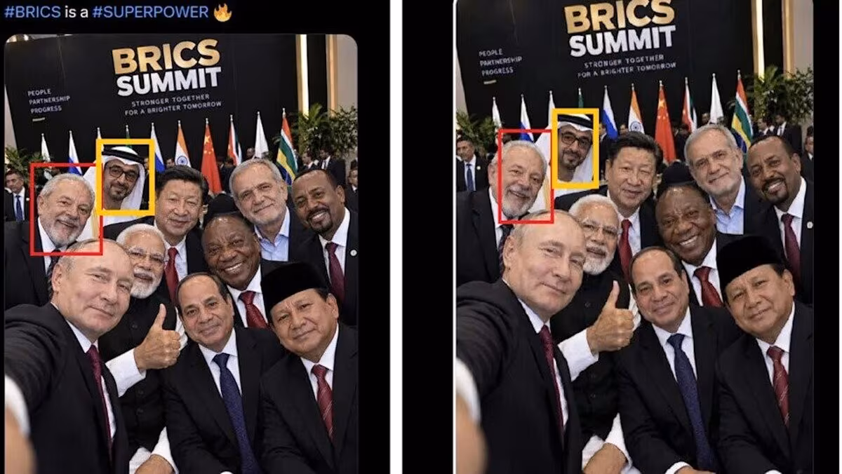 A fake AI-generated selfie of Putin with BRICS leaders, released by the Russian embassy
