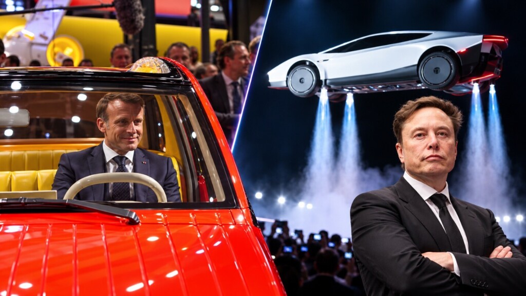 Automobile : pendant que Macron s'extasie devant une 2CV électrique, Elon Musk fait voler une Tesla. Le symbole d'une Europe qui regarde dans le rétroviseur