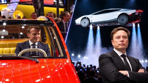 Automobile : pendant que Macron s'extasie devant une 2CV électrique, Elon Musk fait voler une Tesla. Le symbole d'une Europe qui regarde dans le rétroviseur