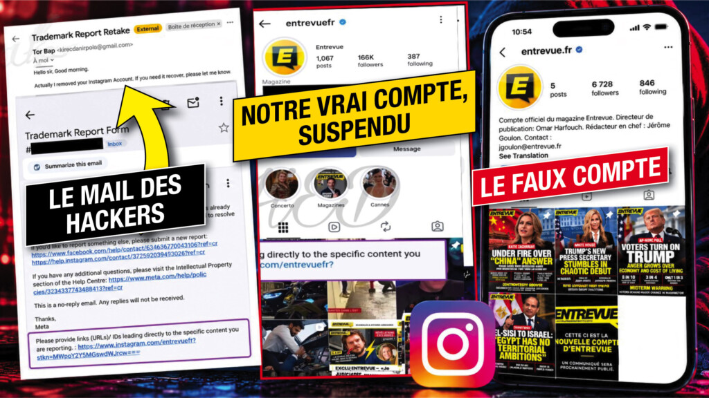Alerte ! Le compte Instagram d'Entrevue a été hacké et une rançon a été demandée. Un faux profil usurpe notre identité
