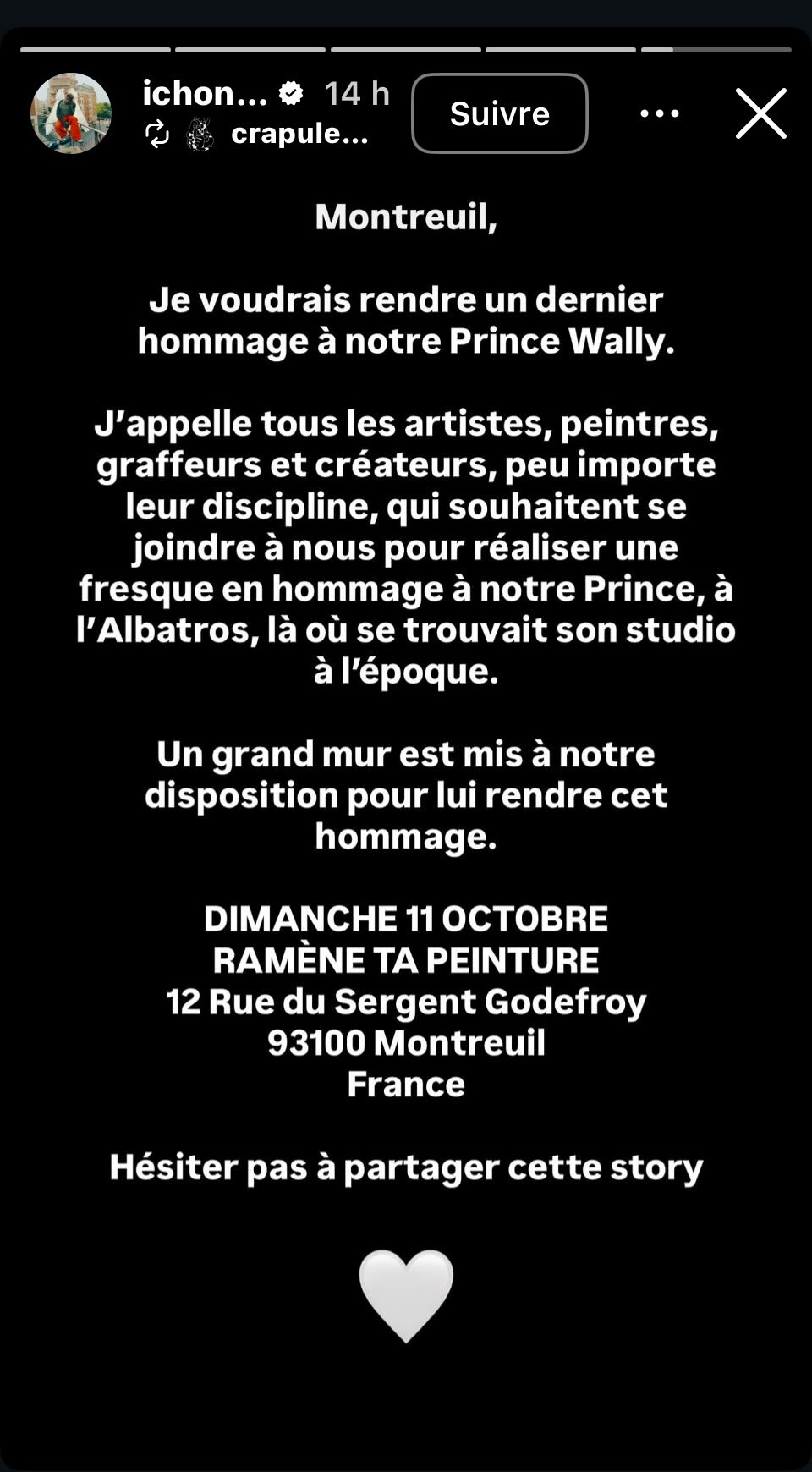 Ichon appelle les artistes à Montreuil pour une fresque en hommage à Prince Waly