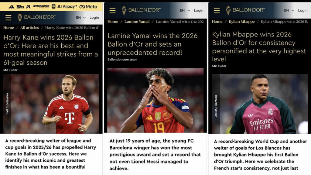 — Ballon d’Or 2026: énorme bourde! Les organisateurs publient par erreur trois articles annonçant les victoires de Mbappé, Yamal et Kane, avant de les retirer