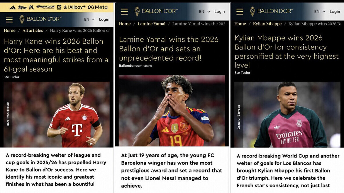 — Ballon d’Or 2026: énorme bourde! Les organisateurs publient par erreur trois articles annonçant les victoires de Mbappé, Yamal et Kane, avant de les retirer