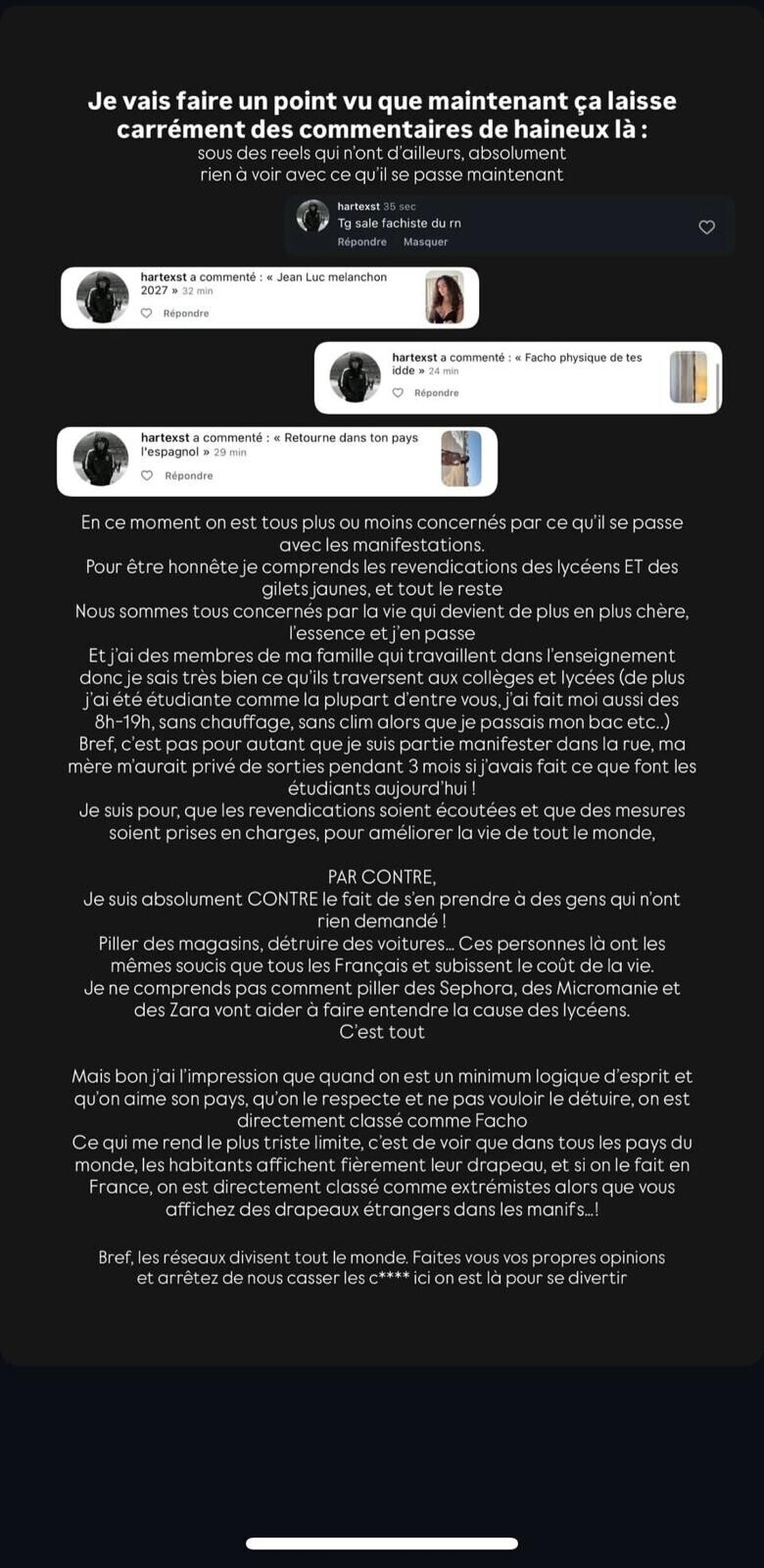 « Sale fasciste du RN » : l’influenceuse Aria Rodrigues prise pour cible après avoir condamné les pillages du 17 octobr