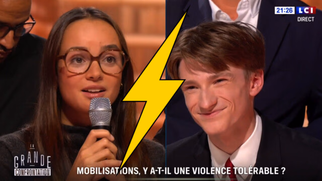 VIDÉO – «Vous dites que je souffle sur les braises? Moi, je n’asperge pas mes professeurs d’essence!» L’énorme clash sur LCI entre Louise (UNI) et Elwan, le lycéen pro-Mélenchon — photo